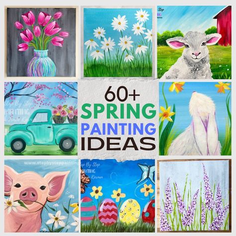 60+ Spring Painting Ideas for All Abilities! Easy Acrylic Paint Tutorial, Canvas Painting Ideas Spring, Spring Easy Paintings, Simple Spring Paintings, Easy Spring Painting Ideas, May Painting Ideas, Simple Spring Painting, Paint Class Ideas Step By Step, Spring Acrylic Paintings Easy