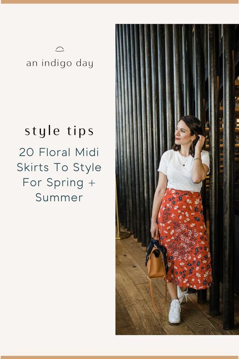 20 of the cutest floral midi skirts to wear for spring and summer. Plus, a few tips on how to style this closet staple. Midi Floral Skirt Outfit, Floral Midi Skirt Outfit Summer, Midi Skirt Outfit Spring, Floral Midi Skirt Outfit, Midi Skirt Outfits Summer, Floral Outfit Ideas, Floral Skirt Outfits, Outfit Ideas Classy, Spring Skirt Outfits