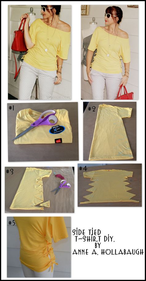 WobiSobi: Side Tied Shirt. DIY Tee Shirts Diy, Cut Up T Shirt, Side Tie Shirt, Cut Shirt Designs, Diy Cut Shirts, Shirt Makeover, Cut Up Shirts, Diy Clothes Refashion, Shirt Hacks