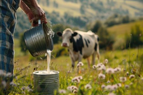 Photo farmer pouring milk with cow in me... | Premium Photo #Freepik #photo Dairy Cows, Milk Cow, Happy People, Hd Images, Premium Photo, Farmer, Graphic Resources, Cow, Milk