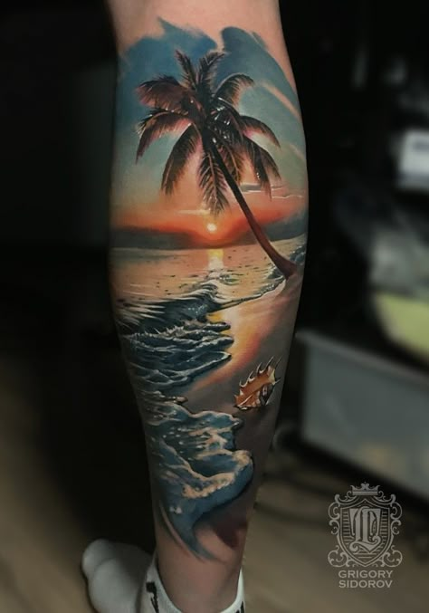 Ocean Tattoos Realistic, Realism Ocean Tattoo, Sunset At Beach Tattoo, Beach Sleeve Tattoos For Women, Beach Themed Tattoos For Women Sleeve, Color Beach Tattoo, Beach Leg Tattoos Women, Beach Tattoos Men, Beach Scene Tattoo Design