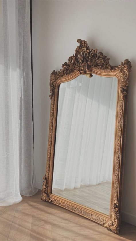 Large Mirror Bedroom Decor, Cheap Floor Mirrors, Big Gold Mirror Aesthetic, Large Gold Framed Mirror, Big Fancy Mirror, French Gold Mirror, Antique Mirror Gold, Gilded Mirror Decor, Big Golden Mirror