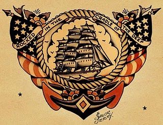 "Rocked in the cradle of the deep" Sailor Jerry poster Naval Tattoos, Sailor Jerry Flash, Sailor Jerry Tattoo Flash, Navy Tattoos, Sailor Tattoos, Sailor Jerry Tattoos, Tattoo Old School, Nautical Tattoo, Tattoo Master