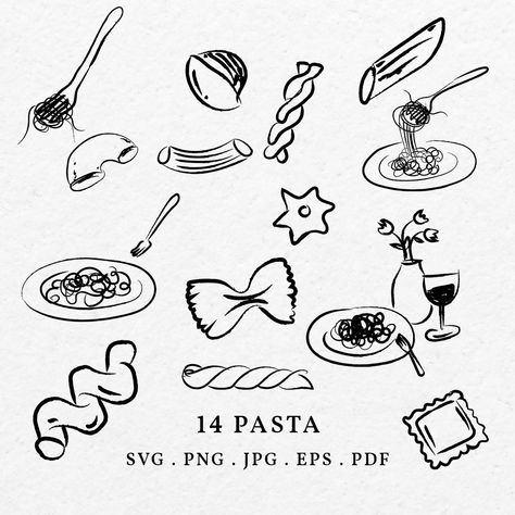 Tshirt Design Drawing, Hand Drawn Invitations, Food Line Drawing, Menu Aesthetic, Food Outline, Pasta Illustration, Icon Menu, Seashell Illustration, Illustrated Invitations