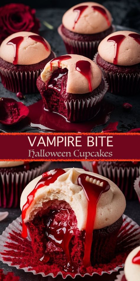 Halloween Vampire Bite Cupcakes with Creepy Red Centers Halloween Cupcake Flavor Ideas, Halloween Baking Recipes Easy, Red Velvet Cupcakes Halloween, Spooky Cupcakes Scary Halloween, Vampire Themed Snacks, Halloween Red Velvet Cupcakes, Vampire Foods Party Ideas, Harry Potter Chocolate Strawberries, Halloween Pumpkin Cupcakes