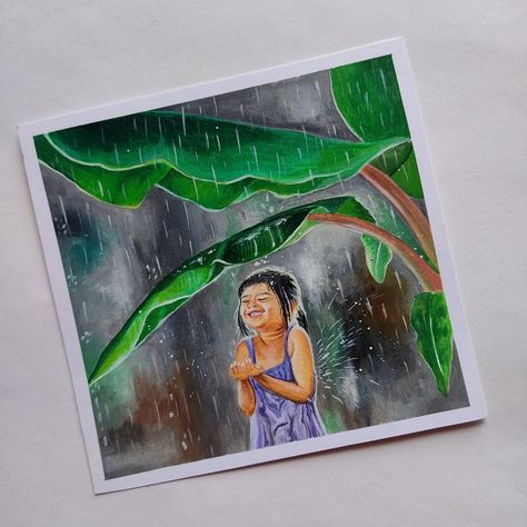 Acrylic painting of a child enjoying rain Rainy Day In Village Drawing, Water Colour Rainy Season Painting, Memory Drawing Of Rainy Season, Rainy Day Sketch Drawing, Rainy Season Painting Ideas, Monsoon Painting Rainy Days, Rainy Day Drawing Ideas, Rainy Day Painting Easy, Rainy Days Drawing