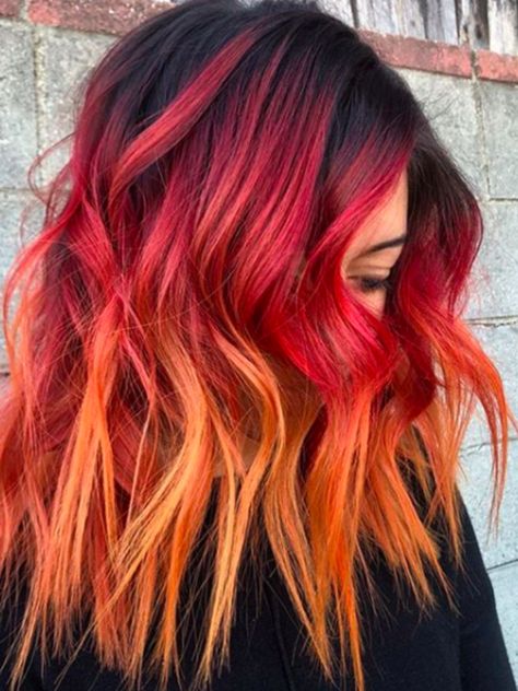 Red And Orange Hair, Sunset Hair Color, Trendy We Fryzurach, Sunset Hair, Brunette Ombre, Dyed Hair Purple, Hot Cheetos, Fire Hair, Colour Hair