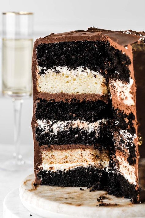 Baking With Blondie Tuxedo Cake, Gluten Free Tuxedo Cake, 6 Inch Cakes, Costco Tuxedo Cake Recipe, Costco Tuxedo Cake Copycat Recipe, Tuxedo Cake Recipe, Easy Tuxedo Cake Recipe, Cream Filling Recipe, Tuxedo Cake