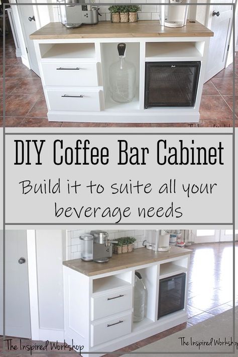 This coffee bar cabinet can be built to hold all your coffee drinking needs or altered slightly to be a beverage bar of any sort, make it a bar for alcoholic beverages or just a place to get any drink you need! Perfectly suited for all beverages with a small refrigerator slot, a 5 gallon water jug slot, and drawers to house any extras! Build yourself a coffee station or drink station with the free plans! Coffee Bar With Butcher Block, 5 Gallon Water Jug Ideas Diy Holder, Coffee Bar Under Window, Diy Beverage Station With Fridge, 5 Gallon Water Jug Ideas Diy, Diy Coffee Bar Cabinet, Kitchens Decor, Diy Coffee Station, Coffee/wine Bar