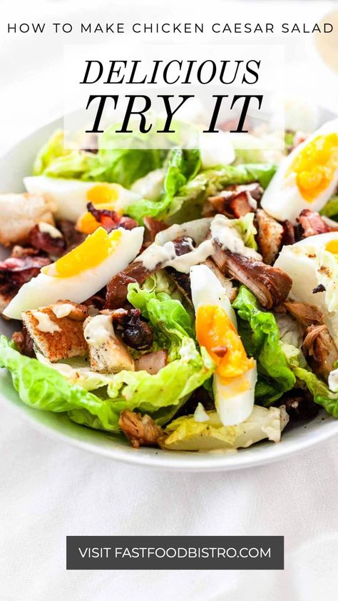 This salad can be served for lunch but you can also serve for dinner. Chicken Caesar salad is filled with chicken thighs, lettuce, anchovies, eggs and more. Add the famous Caesar dressing and you have a full meal. Want to try? Visit fastfoodbistro.com for the full recipe #fastfoodbistro #chickencaesarsalad #caesarsalad #salad #saladrecipe Bistro Recipes, Anchovy Recipes, Chicken Caesar Salad Recipe, Caesar Salad Recipe, Chicken Caesar, Chicken Caesar Salad, Croutons Homemade, Dinner Chicken, Caesar Dressing