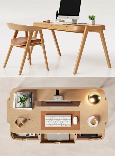 The Shelter is one such wooden desk, designed for better layout organization at the home office. Balancing virtuosity and stability, Portuguese designer João Teixeira wanted to design something that could create an organic connection between the desk and the user and thus Shelter was born. Desk Sketch, Cosy Rooms, Wooden Work, Cosy Room, Boho Furniture, Industrial Design Sketch, Design Dresses, Wooden Desk, Garden Office