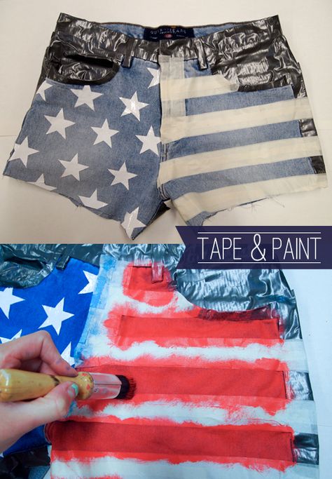 DIY USA Flag Denim Shorts Diy American Flag, Diy Summer Clothes, American Flag Shorts, Lace Jeans, American Shorts, American Flag Wood, Diy Shorts, Tie Dye Diy, Painted Jeans