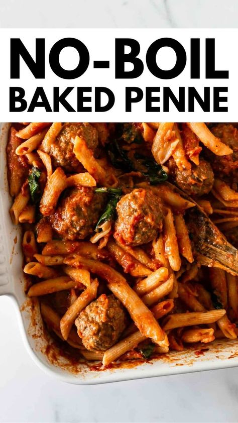 Your search for an easy weeknight dinner ends with this no-boil baked penne pasta with meatballs. There's no need to cook the pasta first– just combine the ingredients in a baking dish, give it a stir, and let the oven do the rest. In 40 minutes, you’ll have a creamy, flavorful pasta dish that the whole family will love! #noboilpasta #bakedpennepasta #pastabake Baked Pasta With Meatballs, No Boil Pasta Bake, Penne Bake, Pasta With Meatballs, Pasta Meatballs, Baked Penne Pasta, Penne Pasta Recipes, Baked Penne, Homemade Garlic Bread