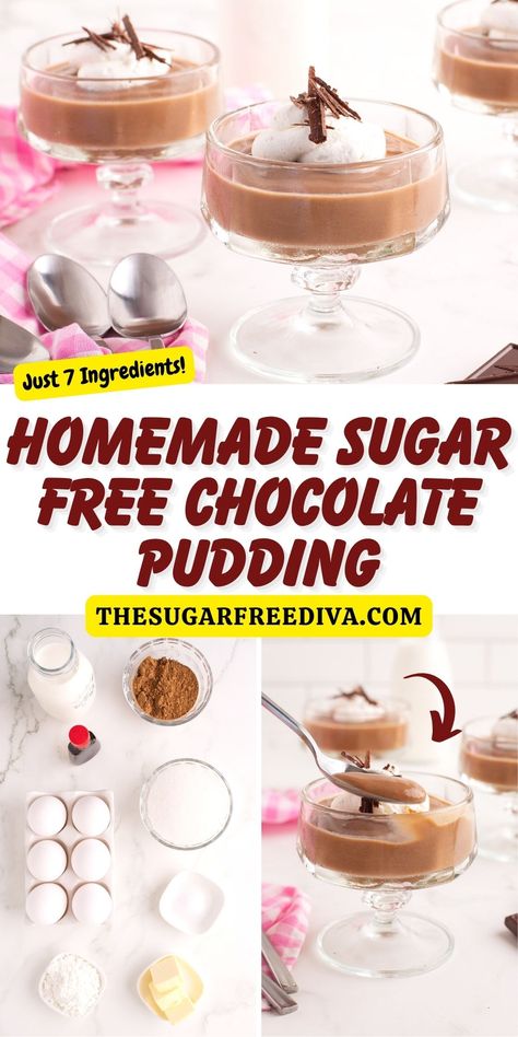 **Homemade Sugar Free Chocolate Pudding, a simple, delicious and easy recipe made from scratch in about 20 minutes, with no added sugar. Read more at: https://thesugarfreediva.com/homemade-sugar-free-chocolate-pudding/ #sugarfree #noaddedsugar #sugarfreedessert #diabeticdessert #dessertrecipe #pudding #chocolate Sugar Free Chocolate Pudding, Pudding Recipes Homemade, Sugar Free Desserts Easy, Chocolate Pudding Recipe, Sugar Free Lifestyle, Homemade Chocolate Pudding, Sugar Free Baking, Chocolate Pudding Recipes, Sugar Free Recipes Desserts