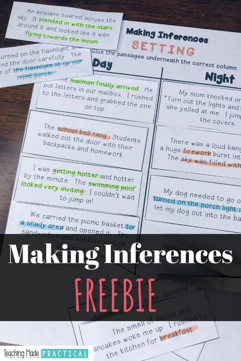 Use this no prep making inferences freebie as a center activity or extra inferencing practice for your 2nd, 3rd, or 4th grade class.  Students read short paragraphs and must use the clues in the paragraphs to determine whether the setting is occurring during the day or at night.  This is a cut and paste activity.  Have students highlight the clues that helped them for additional inferencing practice.  #inferencing #makinginferences #noprep 2nd Grade Inferencing Activities, Inferencing Nonfiction Text, Teaching Setting 4th Grade, Inferencing Activities 2nd Grade, Inferencing Activities 5th Grade, Inferences 2nd Grade, Inferencing Activities, Inference Activities, Phonics Interventions