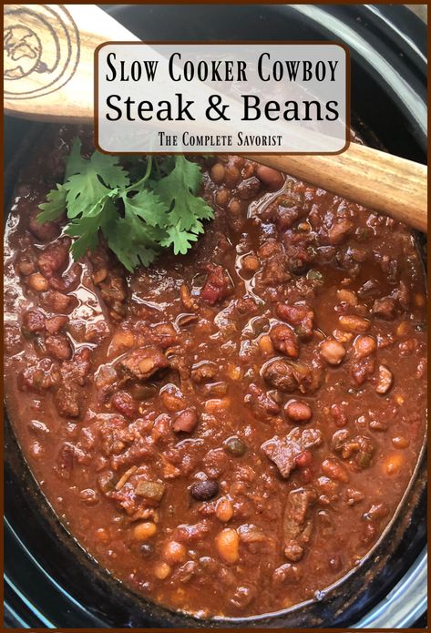 Steak And Beans Recipe, Steak And Beans, Cowboy Steak, Beans In Crockpot, Slow Cooker Beans, Slow Cooker Steak, Cowboy Beans, Best Slow Cooker, Supper Recipes