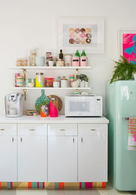 Mint Fridge, Cluttered Shelves, Neon Kitchen, Kitchen Smeg, Apt Kitchen, Kitchen Pop, Donut Art, Colourful Kitchen, Neon Details