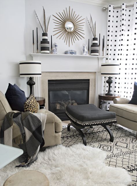 stunning black and white living room- mantle decorated for fall- modern bohemian; neutral eclectic boho fall tour - Cuckoo4Design Black And White Living Room Decor, Living Room Design Boho, Modern White Living Room, Living Room Mantle, White Living Room Decor, Modern Boho Living Room, Living Room Decor Neutral, Black And White Living Room, Small Living Room Design