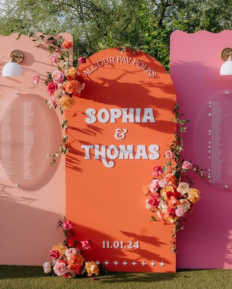 Eclectic Wedding Signs, Pink And Orange Wedding Aesthetic, Pink And Orange Wedding Signage, Wedding Signage Colorful, Pinks And Orange Wedding, Pink And Orange Wedding Decor, Red Pink Orange Wedding, Bestie Anniversary, Pink And Orange Wedding Theme