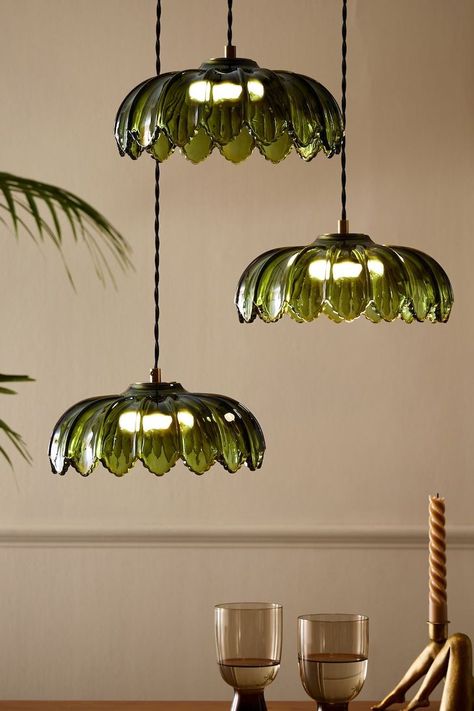 Dining Room Fairy Lights, Green Glass Ceiling Light, Green Light Shade, Cluster Lights, Rockett St George, Ceiling Shades, Desert Island, Dream House Interior, Island Lighting