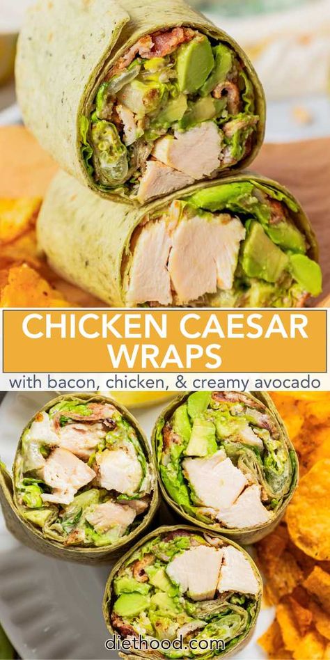 Get ready to fall in love with these light and refreshing chicken Caesar wraps! Packed with crunchy romaine, crispy bacon, juicy chicken, and creamy avocado, all mixed with classic Caesar dressing, they make the perfect grab-and-go lunch that's sure to become a new favorite. Healthy Chicken Ceaser Wraps Recipe, Easy Chicken Caesar Wrap, Grilled Chicken Ceaser Wraps, Chicken Ceaser Wraps Recipe, Chicken Caesar Wrap Recipe, Diethood Recipes, Chicken Avocado Wrap, Chicken Caesar Salad Wraps, Caesar Wrap