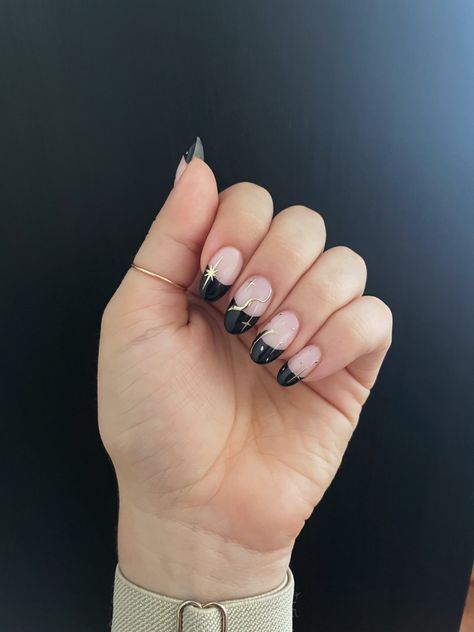 Black Nails Cute Simple, Spooky French Nails, Black French Tip Nails With Halloween Design, Sophisticated Black Nails, Witch Nails French Tip, Black French Tip Halloween Nails Acrylic, Black French Tip Nails Almond Halloween, Black French Tips With Sparkles, Dainty Halloween Nails