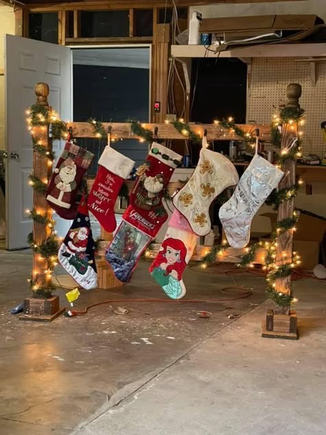 Funny Christmas Stocking Ideas, Homemade Stocking Holders, Stocking Hangers No Fireplace, Diy Stocking Holder Stand, Stocking Hangers Diy, Stocking Hanging Ideas, Stocking Hanger Diy, Stocking Rack, Christmas Stocking Holder Stand