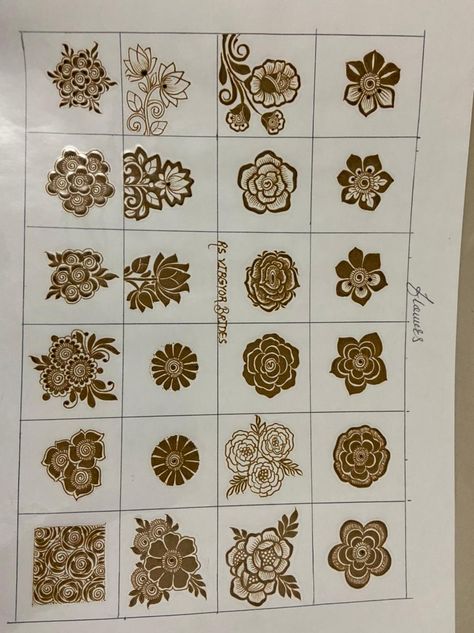 Floral Mehandi Designs For Front Hands, Dubai Flowers Mehendi, Basic Mehndi Flowers, Types Of Flowers In Mehendi, Basic Flower Mehndi Designs, Henna Leaves Design, Mehendi Flower Designs, Mehndi Class Day 1, Mehendi Practice