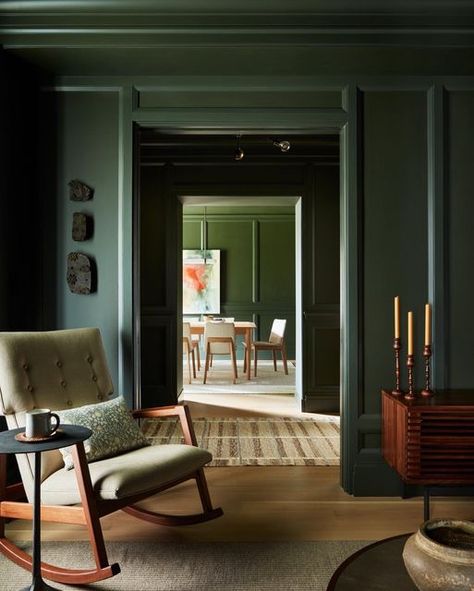 Green Wall Panelling, Ursino Interiors, Moody Living Room, Craftsman Interior, Room Green, Tudor Style Homes, Wall Panelling, Green Interior, New Interior Design