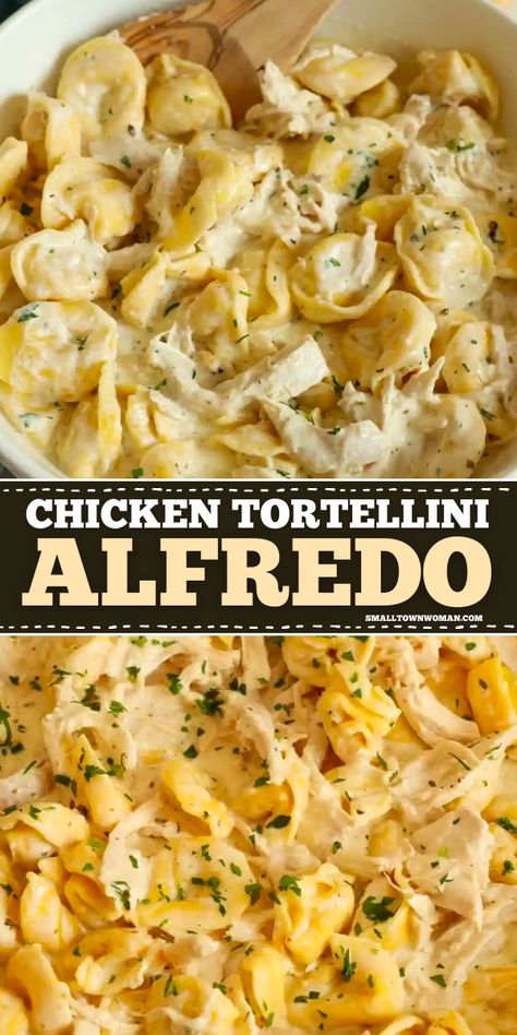 Fun weeknight dinners for the family? Serve them the best chicken tortellini alfredo! A quick and easy chicken recipe that combines succulent rotisserie chicken with cheese tortellini in a rich and creamy five-ingredient homemade alfredo sauce. So good! Easy Chicken Tortellini Alfredo, Recipes With Chicken Tortellini, Tortellini Recipes Chicken Alfredo Sauce, Pasta Recipes With Tortellini, Alfredo Rotini Pasta Recipes, Chicken Tortilla Alfredo, Easy Dinner Recipes Cheese Tortellini, Tortellini And Rotisserie Chicken, Tortellini Alfredo With Chicken