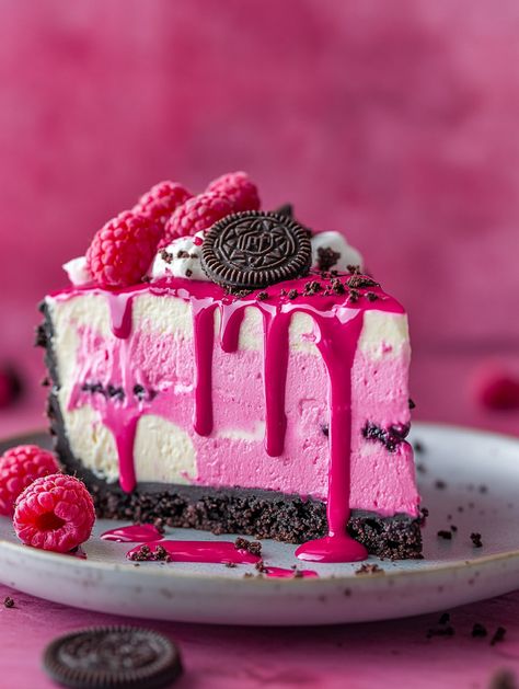 Pink Velvet Raspberry Cheesecake 🌸  🌸 𝗜𝗻𝗴𝗿𝗲𝗱𝗶𝗲𝗻𝘁𝘀 🌸 For the Crust: 2 cups Oreo crumbs  1/4 cup unsalted butter, melted  For the Cheesecake: 24 oz cream cheese, softened  1 cup granulated sugar  1 cup sour cream 1 tsp vanilla extract 3 large eggs 2 tbsp raspberry puree 1 tsp pink food coloring 1/2 cup crushed Oreos For the Drip: 1 cup white chocolate chips 1/2 cup heavy cream For Decoration: Whipped cream Fresh raspberries Pink velvet cake crumbs Sprinkles Easy White Chocolate Raspberry Cheesecake, Cheesecake White Chocolate Raspberry, Raspberry Cheesecake With Oreo Crust, Cheesecake Factory White Chocolate Raspberry Cheesecake, Raspberry White Chocolate Cheesecake, Pink Velvet Cake, Gingerbread Donuts, Pink Velvet Cakes, Cheesy Baked Chicken