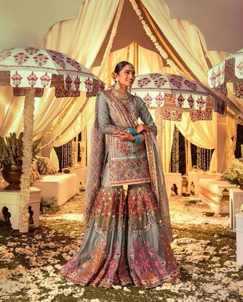 Mayyur Girotra Official on Instagram: "Poetic hues and masterful silhouettes reinterpret the rich weavings of a romantic past cultivated by our glorious roots and crafted with skilled innovation. Amoli - A celebration of life's precious moments Venue @amaarafarms Talents @kajalchoudhary_____ @neytirii__ Styling - @hoorvi.j.valaya Photography - @shivamm_paathak Videography @sumitnehra009 HMU - @ankchikara.artistry Concept and Art Direction @noon_social Jewellery - @haritzaverijewellers D Punjabi Sangeet Outfit, Mayyur Girotra Couture, Jagoo Outfit Punjabi Bride, Heeramandi Outfits, Mayyur Girotra, India Girl, Mehendi Outfit, Mehndi Outfits, Sangeet Outfit