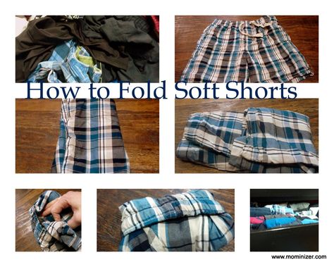 How to Fold Shorts…boxers/swim shorts    Take a pair of shorts {note, this method is not for shorts with a regular waistband or that need to be ironed} and lay them flat:  Next, fold them into thirds:  Next, take the bottom hem and fold up 1/3 of the way:  Now, as you fold up the bottom one more time, you are going to open up the front of the waistband and tuck it in:  You will end up with a neat little package:  Perfect for lining up in a drawer or for tossing into a gym bag or travel bag: How To Fold Shorts, Clothes Organisation, Laundry Stuff, Konmari Folding, Folding Hacks, Closet Hacks, Folding Ideas, Stone Floors, Organization Closet