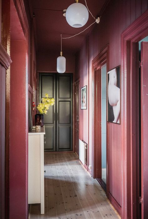 Hallway With Windows On One Side, Dark Pink Hallway, Dusky Pink Hallway, Mauve Hallway, Burgundy Hallway, Hallway Stairs And Landing, Red Hallway, Pink Hallway, Color Walls