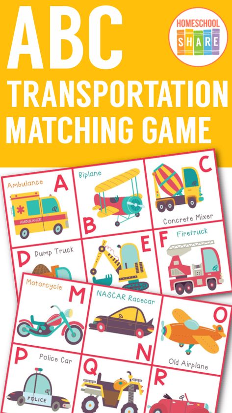 ABC Transportation Matching Game - Homeschool Share Abc Transportation, Transportation Matching, Starting A Daycare Center, Preschool Center Ideas, Curriculum Preschool, Starting A Daycare, Memory Match Game, Preschool Centers, Transportation Theme