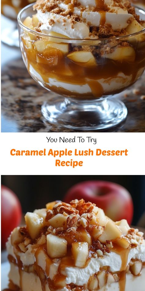 Caramel Apple Lush Delight

Ingredients  
- 1 cup crushed graham crackers  
- ½ cup unsalted butter, melted  
- 8 oz cream cheese, softened  
- 1 cup powdered sugar  
- 1 tsp vanilla extract  
- 2 cups whipped topping  
- 2 cups diced apples (preferably Granny Smith or Honeycrisp)  
- 1 cup caramel sauce  
- 1 tsp cinnamon  
- ¼ cup chopped nuts (walnuts or pecans for added crunch)  
- Extra caramel drizzle for garnish  

#AutumnIndulgence #DecadentDessert #CaramelAppleDream #SweetLayers #FallFlavorFiesta Caramel Apple Lush, Carmel Apple Jam Delight, Caramel Apple Lush Dessert, Caramel Apple Yogurt Bowl, No Bake Caramel Apple Pie Cheesecake Parfaits, Carmel Heath Apple Dip, Diced Apples, Veggie Delight, Granny Smith