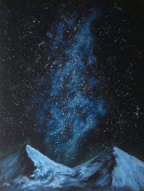 Mountains and Milky way. Acrylic canvas by Jonathan Long. Mountain Galaxy Painting, Galaxy Night Sky Painting, Milky Way Acrylic Painting, Night Time Mountain Painting, Painted Mountains Easy, Acrylic Night Sky, Milky Way Painting, Nebula Painting, Mountain Night