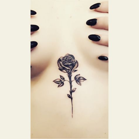 Breast Tattoos For Women Design, Rose On Chest Tattoo For Women, Rose In Middle Of Chest Tattoo, Rose Tattoo In Middle Of Chest, Rose Tattoo Between Breast, Rose Between Breast Tattoo, Rose Tattoo Under Breast, Upside Down Rose Tattoo Sternum, Chest Tattoo Designs Female