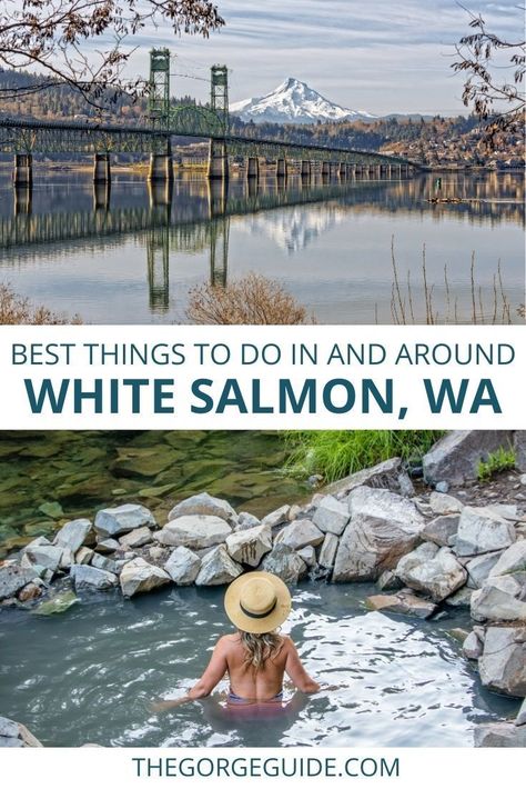 White Salmon WA is the gateway to Columbia River Gorge adventures like wind sports, waterfall hikes, mountain biking and whitewater rafting. Washington travel | Washington state travel | USA travel | Washington wine White Salmon Washington, Trillium Lake, Los Angeles Parks, Things To Do In Washington, Washington State Travel, Trout Lake, Columbia Gorge, Washington Travel, Waterfall Hikes