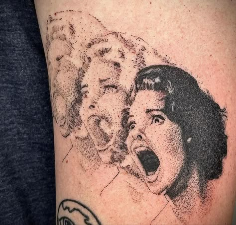 Screaming Lady, Pointillism Tattoo, Collage Tattoo, Lady Tattoo, Torso Tattoos, Sick Tattoo, Handpoke Tattoo, Tattoo Portfolio, E Tattoo