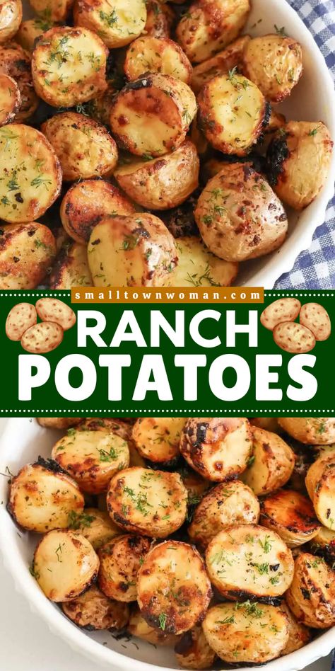 An easy potato dish using just 5 ingredients! This potato side recipe is also great as an easy appetizer idea. Not only are these baked ranch potatoes crispy on the outside and tender on the inside, but they are also loaded with tangy flavor! White Potato Recipes Side Dishes, Easy Russet Potato Side Dishes, Potato Sides For Chicken, Easy Side Dish For Party, Great Potato Recipes, Roasted Ranch Potatoes In Oven, Red Potatoes Recipes Easy, Thanksgiving Side Dishes Easy Crockpot, Crockpot Potato Recipes Side Dishes