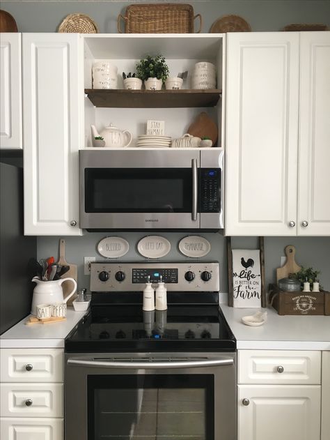 Open display shelves above microwave Microwave Shelf Cabinet, Build A Shelf, Over The Range Microwave, Microwave Cabinet, Microwave Shelf, Open Cabinets, Range Microwave, Smitten Kitchen, Primitive Kitchen