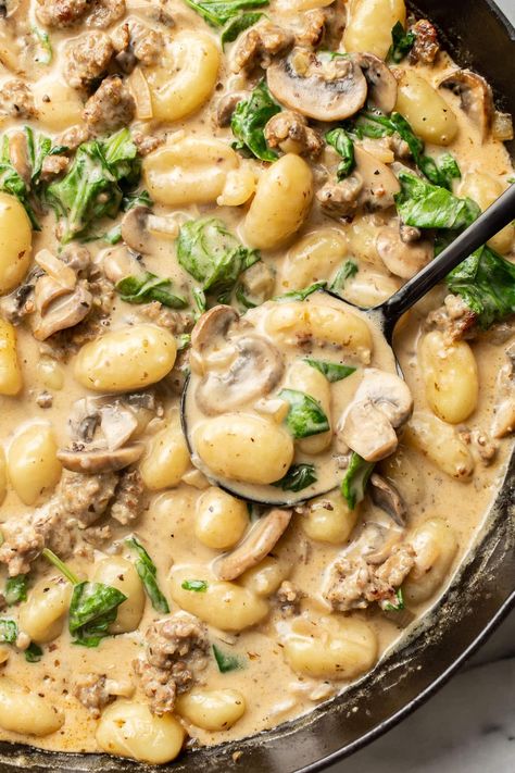 Italian Sausage and Mushroom Gnocchi Italian Sausage Gnocchi, Ground Italian Sausage Recipes, Sweet Italian Sausage Recipes, Mushroom Gnocchi, Sausage Gnocchi, Gnocchi Recipes Easy, Italian Gnocchi, Italian Casserole, Sausage Recipes For Dinner