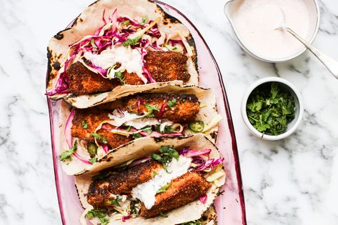 Crunchy Blackened Salmon Tacos with Serrano Slaw - The Defined Dish Blackened Salmon Tacos, Crunchy Fish, Salmon Tacos Recipe, The Defined Dish, Salmon Tacos, Blackened Salmon, Fish Taco, Cooking Salmon, Fish Tacos