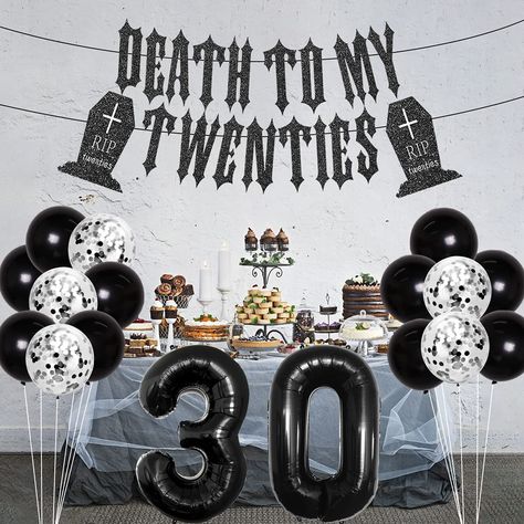 Turning 30 Ideas For Women, 30ths Birthday Party Ideas, Thirty Bday Ideas Turning 30, Emo In Your 30s, Rip20s Party, 30th Birthday Ideas For Women Themes Black, Emo Decorations, Turning 30 Birthday Ideas For Women, Rip To 20s Party