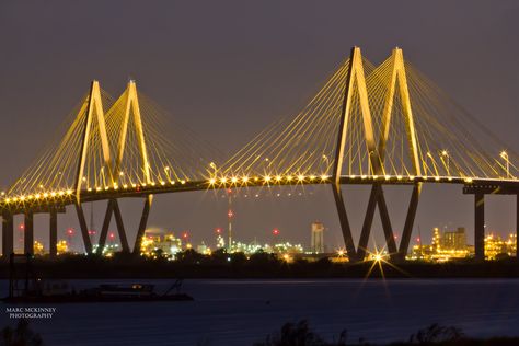 Fred Hartmann bridge, Baytown Houston Architecture, Bridge Lighting, Baytown Texas, Bridge Photography, Weekend Activities, Canvas Painting Designs, Blue Bell, Texas Travel, Blue Bonnets