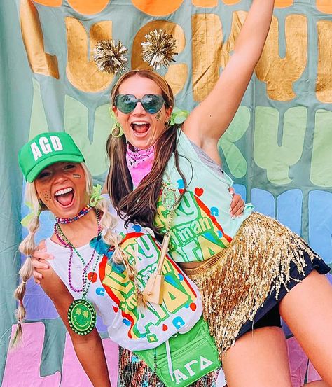 throwin it back to @alphagamgcsu bid day so we have all the lucky vibes going into St Pattys day weekend! ☘️🌈🫶🏼💚⭐️ Lucky Charm Sorority Theme, Lucky Charms Outfit, Lucky Charms Bid Day, Sorority Work Week, Lucky Me, Pi Beta Phi, Lucky Charms, Bid Day, My Themes