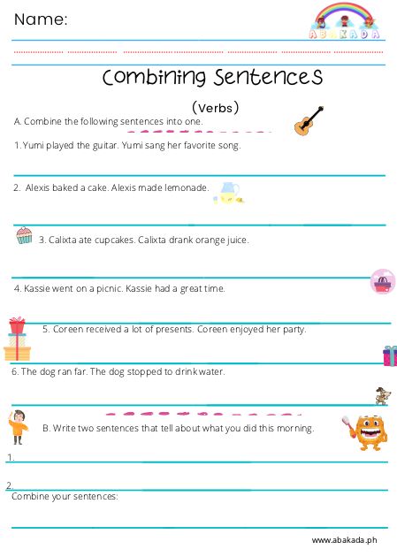 Use this worksheet to practice combining sentences. English Grade 2 Worksheets, Synonyms Worksheet, Grade 2 Worksheets, Combining Sentences, Esl Materials, Adverbs Worksheet, Learn Singing, English Grammar Worksheets, English Worksheets For Kids