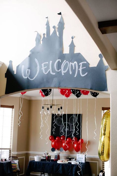 Disney Castle "Welcome" Arch from a DIY Modern Throwback Mickey Mouse Birthday Party on Kara's Party Ideas | KarasPartyIdeas.com (8) Disney Party Diy Decorations, Disney Characters Birthday Party Ideas, Disney Castle Theme Party, Disney Jr Birthday Party Ideas, Disney Character Party Ideas, Disney Movie Birthday Party, Disney School Theme Ideas, Disney Event Ideas, Diy Disney Birthday Decorations