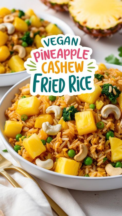 Bring the tropics to your dinner table with this mouthwatering Vegan Pineapple Cashew Fried Rice! Meal prep friendly, customizable, and guaranteed to impress. Vegan never tasted so good! #VeganMealPrep #HealthyEating Cashew Fried Rice, Fried Rice Meal Prep, Cashew Rice, Rice Meal Prep, Vegan Fried Rice, Pineapple Rice, Cashew Recipes, Pineapple Fried Rice, Vegan Meal Prep